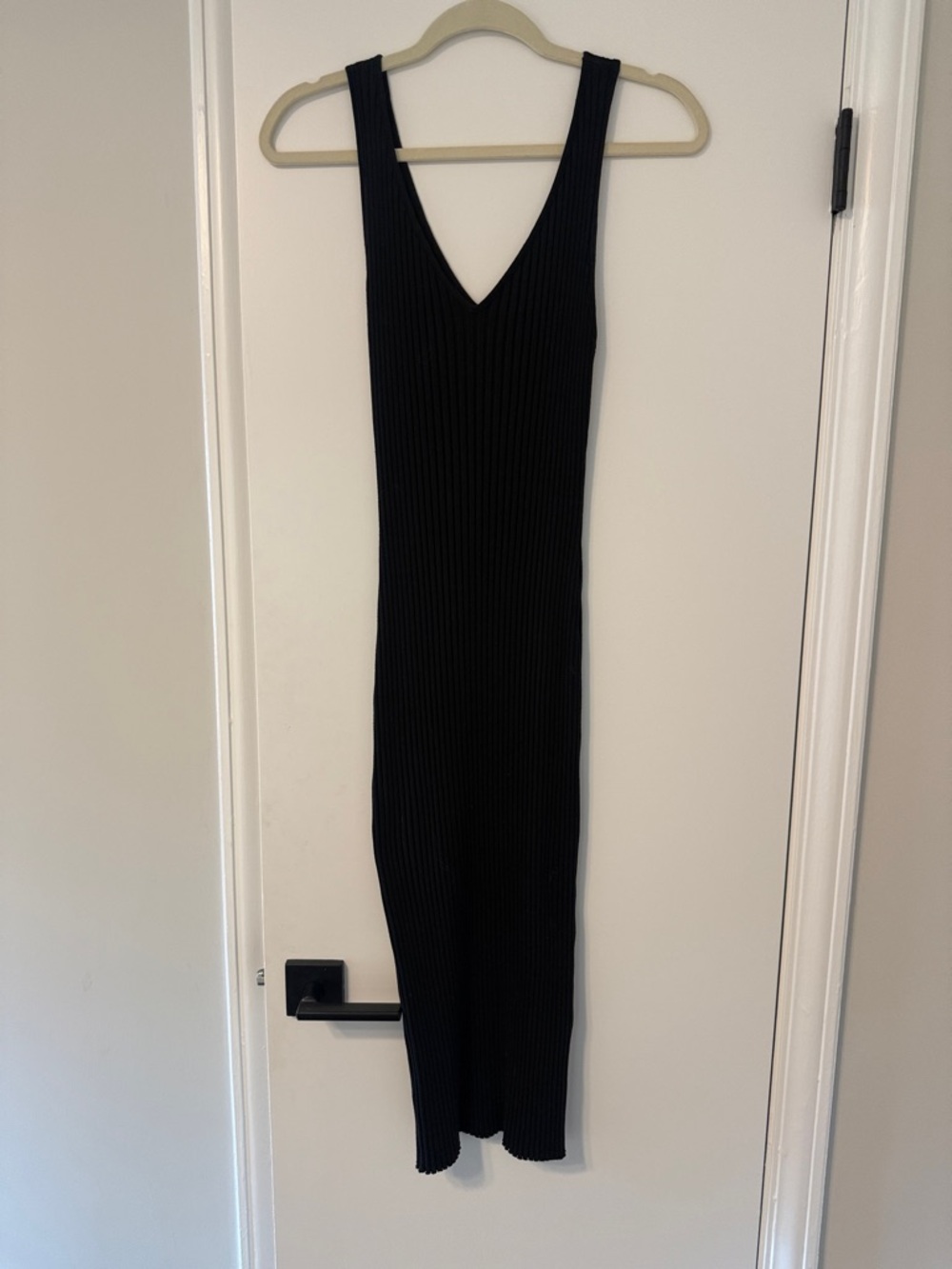 Enza Costa Black Ribbed V-Neck Midi Dress